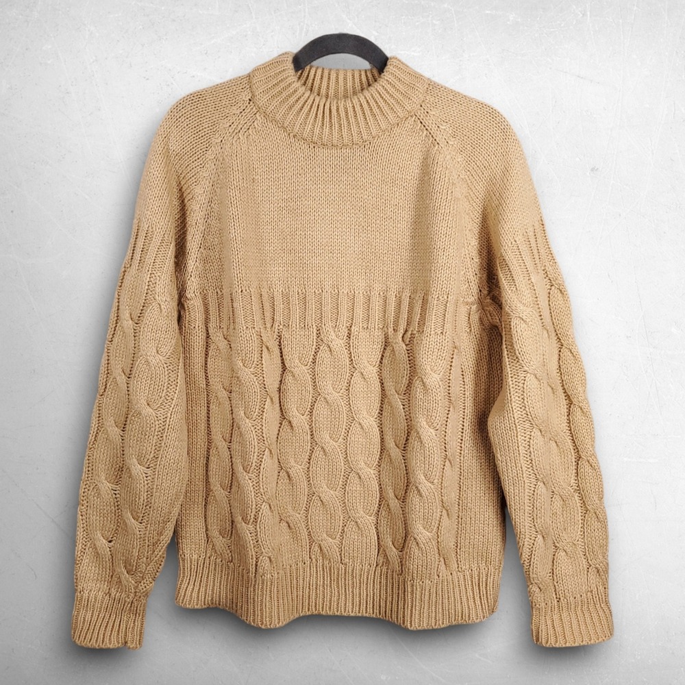 VTG Thane Cable Knit Fisherman Sweater Men L Beige Mock Neck 70s Grandpa Chunky